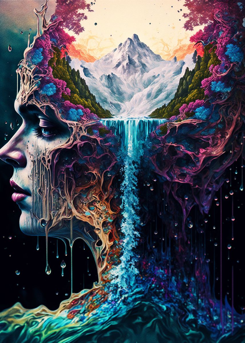 Amazing Nature Fantasy Canvas Painting Wall Art Abstract Woman Head And Water Poster